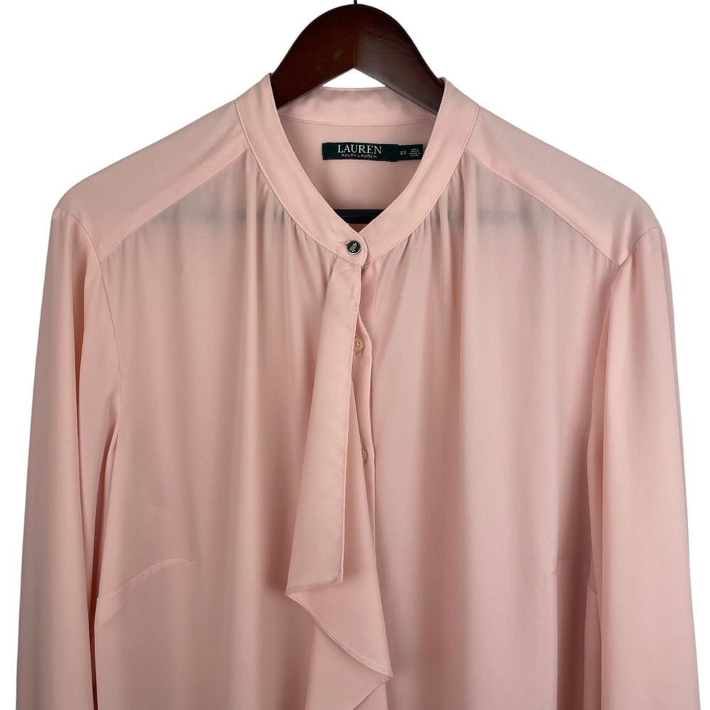 Lauren Ralph Lauren | Pink Ruffle Front Button Long Sleeve Blouse - Picture 2 of 8